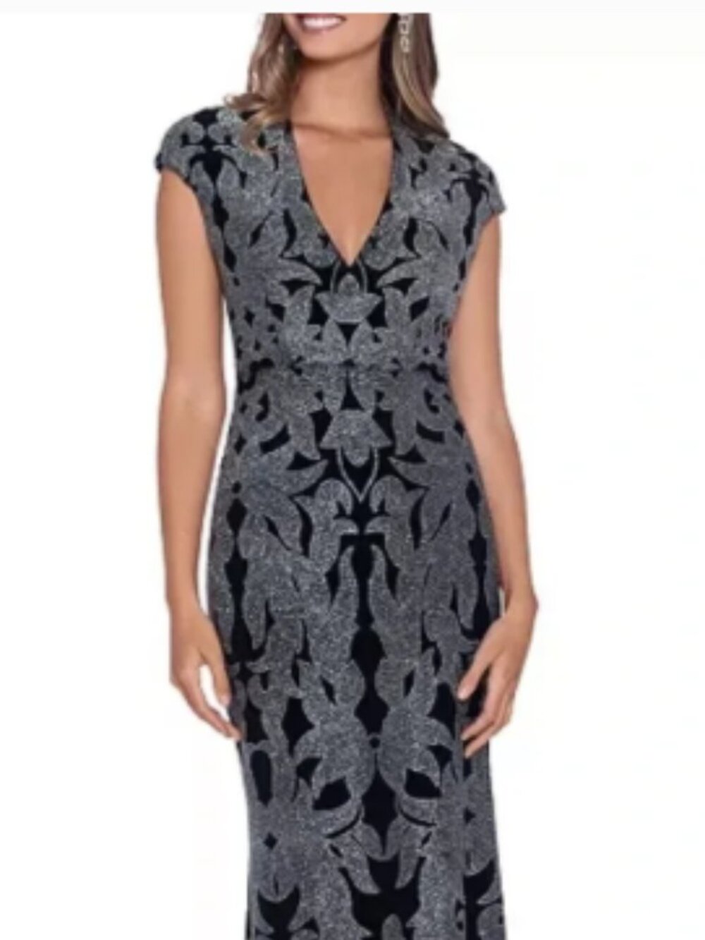 Betsy & Adam Womens Black Glitter Cap Sleeve Evening Dress Gown 2PETITE NWT